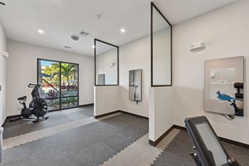 A room with a treadmill and a mirror on the wall.